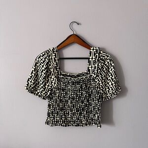 Smocked Black and Cream Square-Neck Puff Sleeve Top